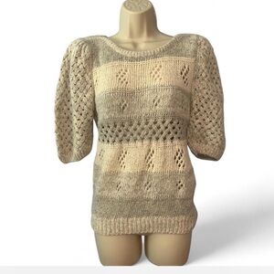 Condor vintage puff elbow sleeve open Knit Sweater gray off white silk ramie Med